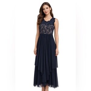 R&M Richards Petite Navy Lace Sequin Evening Dress 4P Formal